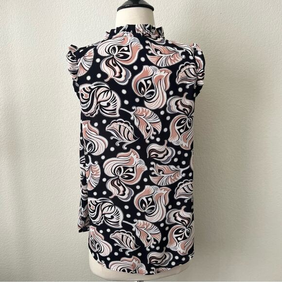 Ann Taylor mock ruffle neck half button up sleeveless leaf print blouse blue - Picture 3 of 5